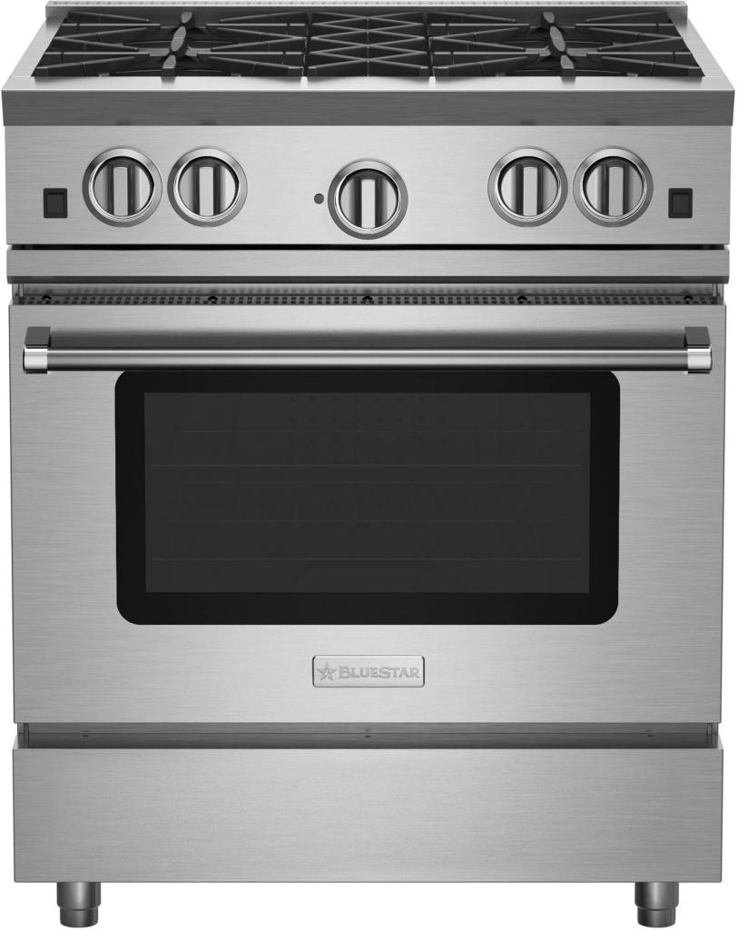 BlueStar RNB304BV2 30 Inch Freestanding Gas Range with 4 Open Burners, Continuous Grates, Extra-Large Convection Oven, Infrared Broiler, Integrated Wok Cooking, UltraNova™ Open Burners, and Precise Simmer Burner: NG Stainless Steel, Standard