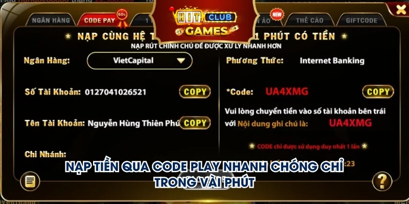 Nạp tiền qua Code Play nhanh chóng chỉ trong vài phút